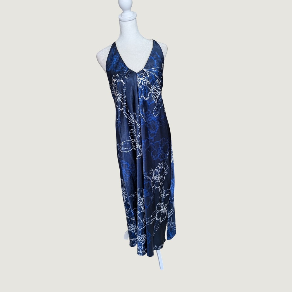 Oscar de la Renta Resortwear Tropical Floral Satin Maxi Dress Blue XS